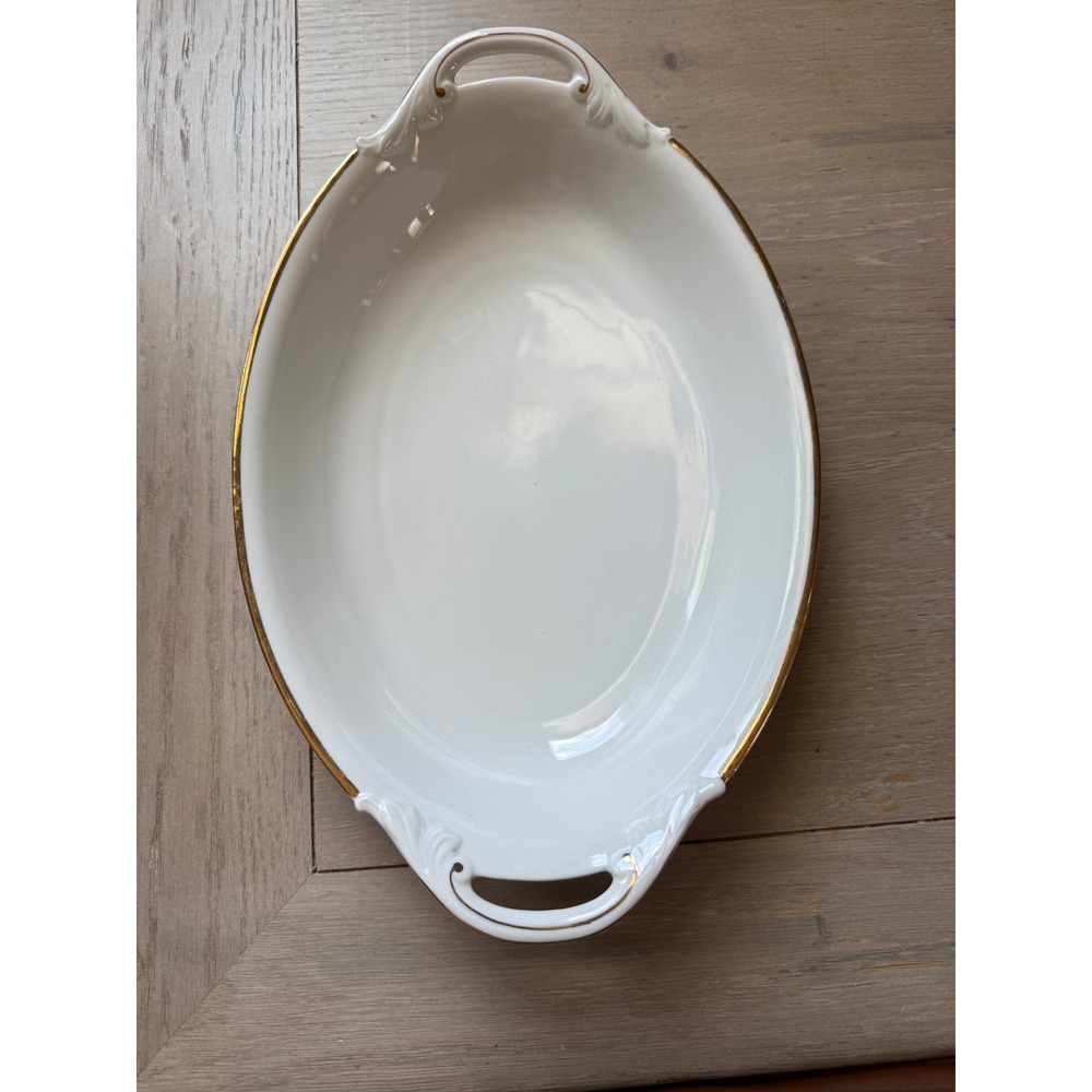 Bohemia Czechoslovakia Porcelain Oval Serving Bowl White Gold Trim Handles 13in